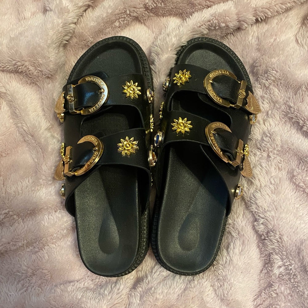 Black Sandals with Gold Details